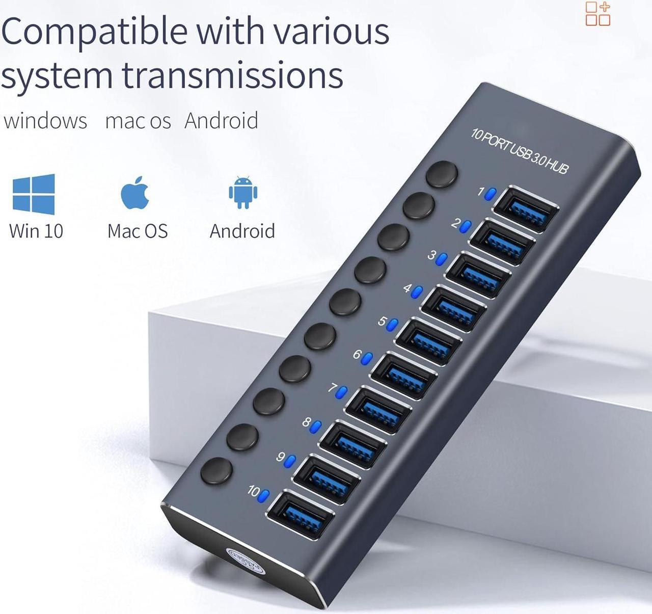 Alt view image 6 of 7 - Powered USB Hub 3.0, 10-Port USB 3.0 Hub [Durable Aluminum] 10 Data Transfer Ports with Individual On/Off Switches, USB Hub 3.0 Powered with Power Adapter for Laptop PC