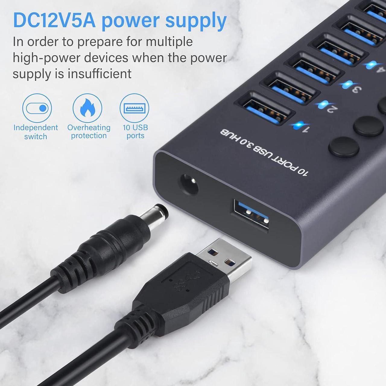 Alt view image 5 of 7 - Powered USB Hub 3.0, 10-Port USB 3.0 Hub [Durable Aluminum] 10 Data Transfer Ports with Individual On/Off Switches, USB Hub 3.0 Powered with Power Adapter for Laptop PC
