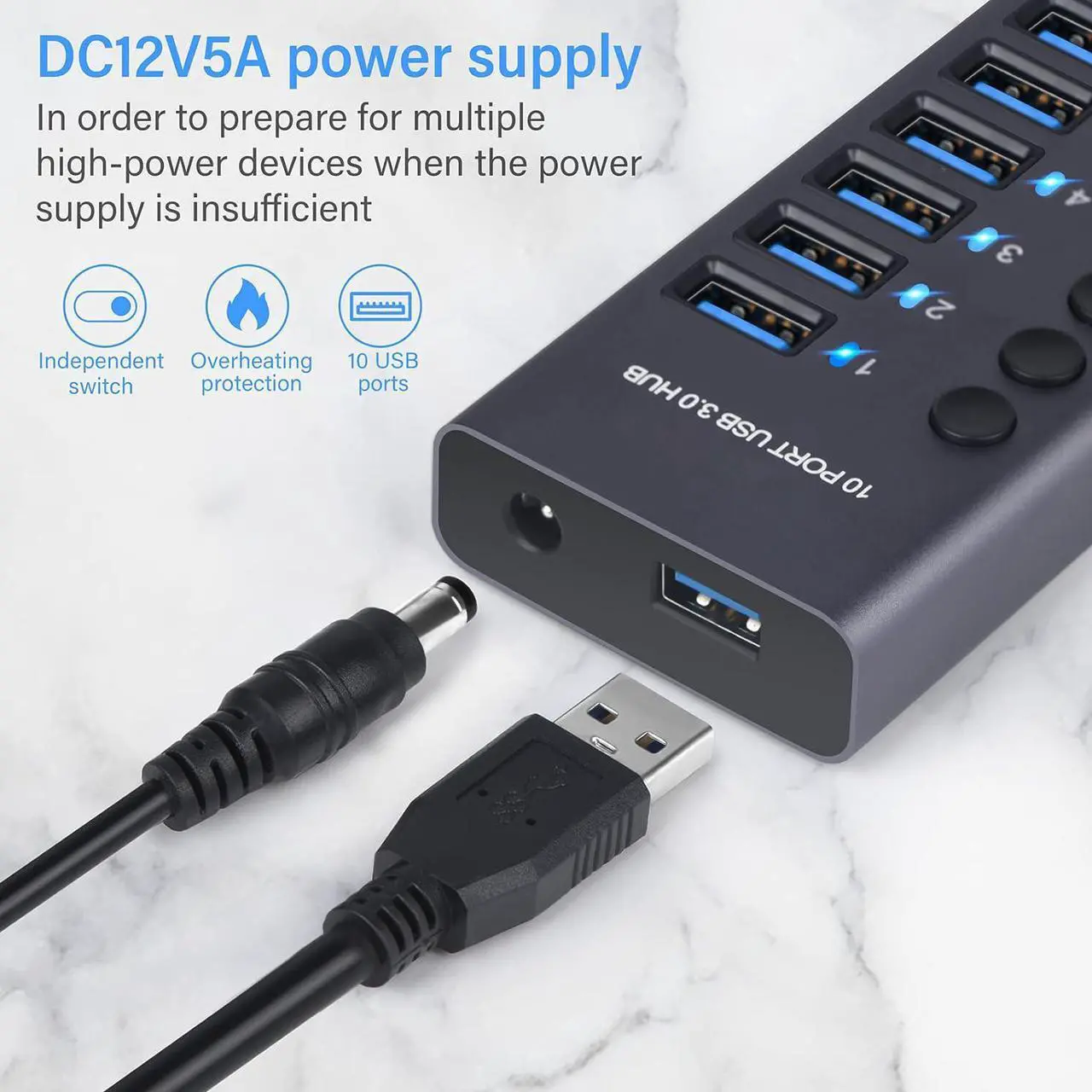 Alt view image 5 of 7 - 10-Port 60W USB 3.0 Hub with Individual Power Switches and LEDs Includes 60W 12V/5A Power Adapter