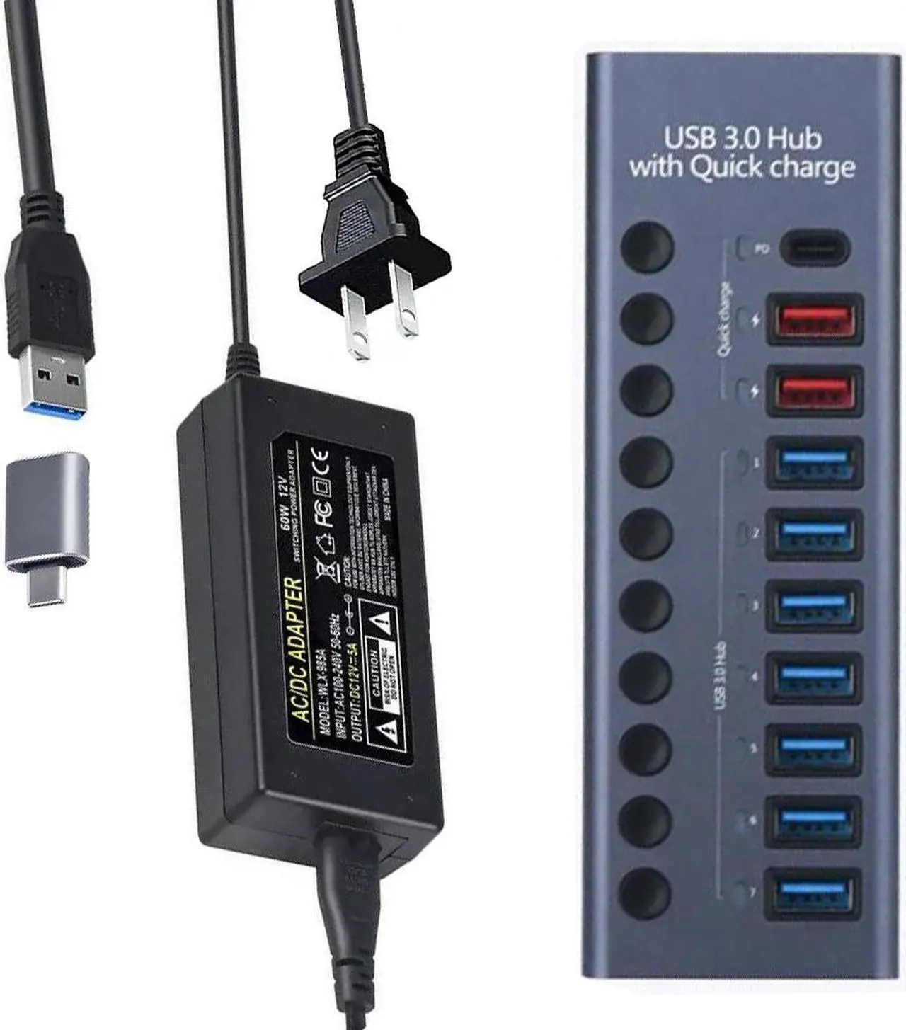 Powered USB Hub, 10-Port USB Splitter Hub (7 USB 3.0 Data Transmission ...