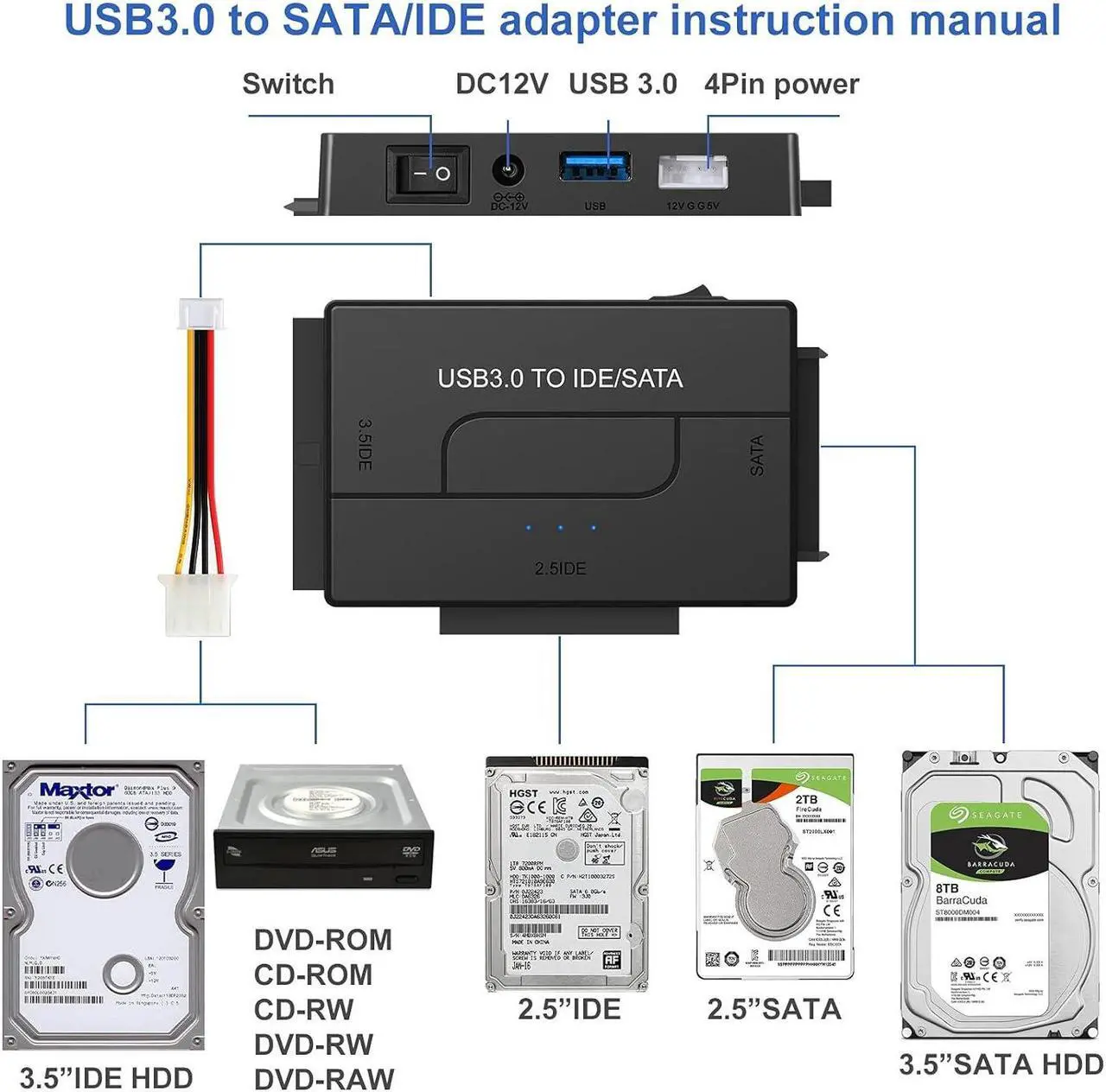 Alt view image 2 of 7 - USB 3.0 to SATA or IDE Adapter, Hard Drive Adapter Cable Universal for 2.5/3.5 inch SATA HDD/SSD & IDE HDD with 12V/2A Power Adapter