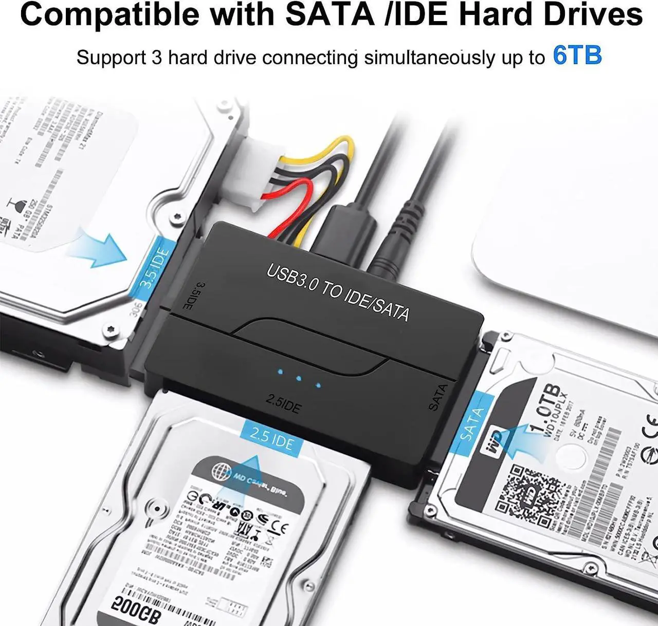 Alt view image 7 of 7 - USB 3.0 to SATA or IDE Adapter, Hard Drive Adapter Cable Universal for 2.5/3.5 inch SATA HDD/SSD & IDE HDD with 12V/2A Power Adapter