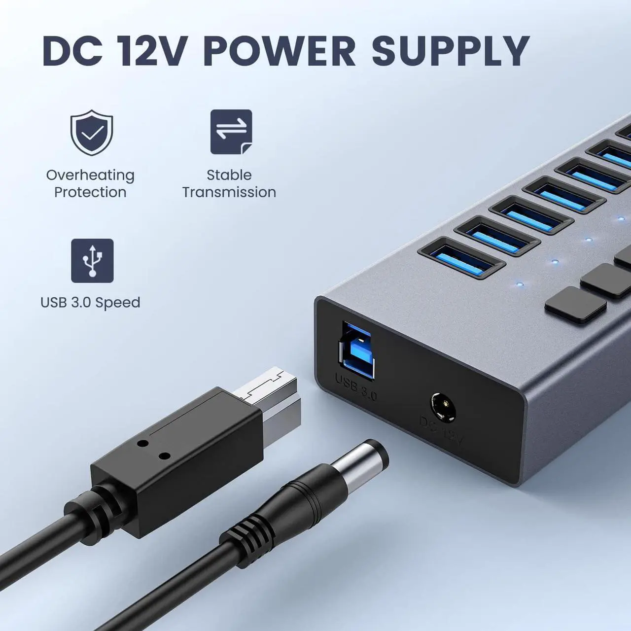Alt view image 5 of 7 - Powered USB Hub, 10-Port USB 3.0 Hub Splitter (10 USB 3.0 Data Ports + Charging Ports) with Individual LED On/Off Switches for USB Flash Drives, Mobile HDD, Printer, Camera and More