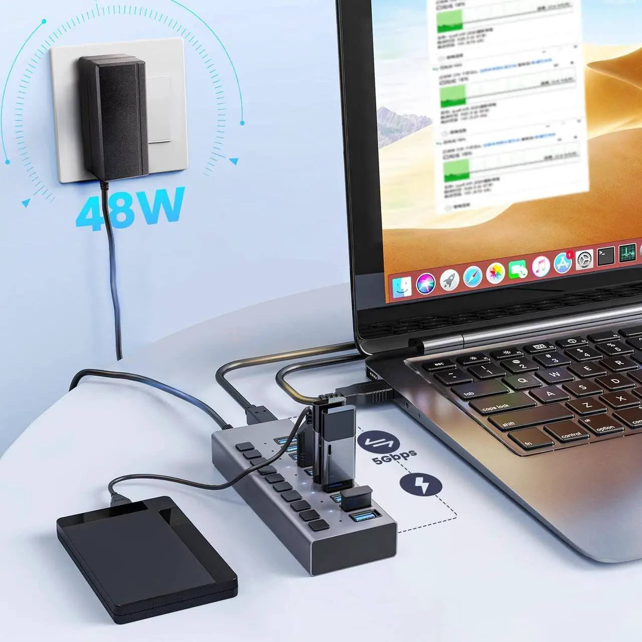 Alt view image 6 of 7 - Powered USB Hub, 10-Port USB 3.0 Hub Splitter (10 USB 3.0 Data Ports + Charging Ports) with Individual LED On/Off Switches for USB Flash Drives, Mobile HDD, Printer, Camera and More