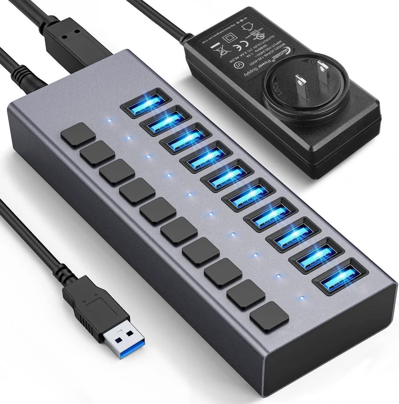 Main image of Powered USB Hub, 10-Port USB 3.0 Hub Splitter (10 USB 3.0 Data Ports + Charging Ports) with Individual LED On/Off Switches for USB Flash Drives, Mobile HDD, Printer, Camera and More