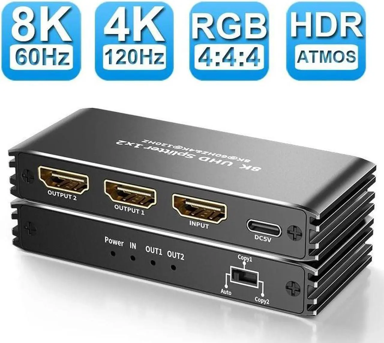HDMI Splitter 1 In 2 Out 4K@60Hz - Powered 1x2 HDMI Distributor With AC Adapter, Supports 4K HDR, 3D, Full HD For PS5, Xbox, Fire Stick, Blu-ray & More