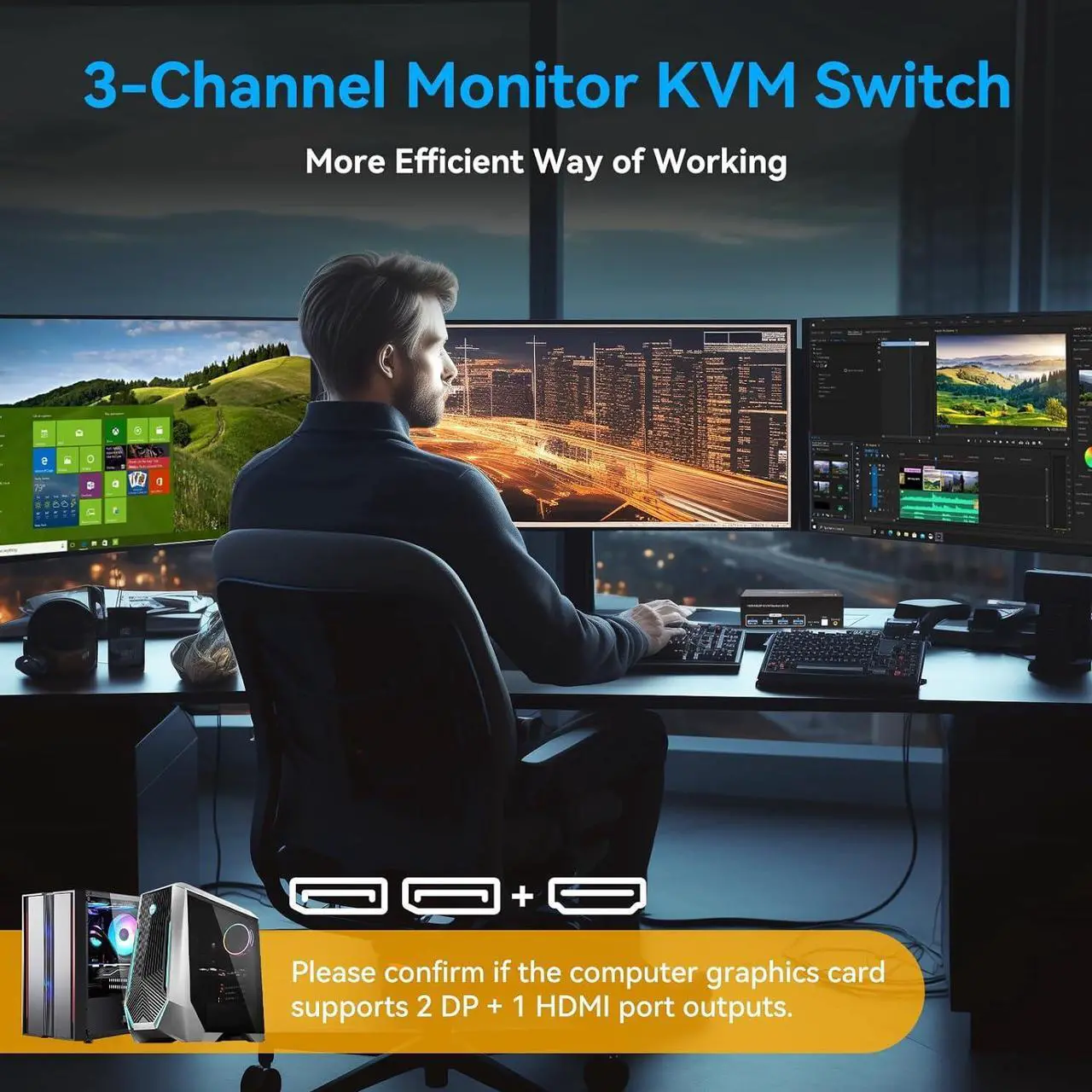 Alt view image 5 of 7 - 8K@60Hz HDMI+2 Displayport Triple Monitor kvm Switch 3 Monitors 2 Computers 4K@120Hz USB 3.0 Extended Display HDMI DP KVM switcher with 4 USB Ports and Wired Controller