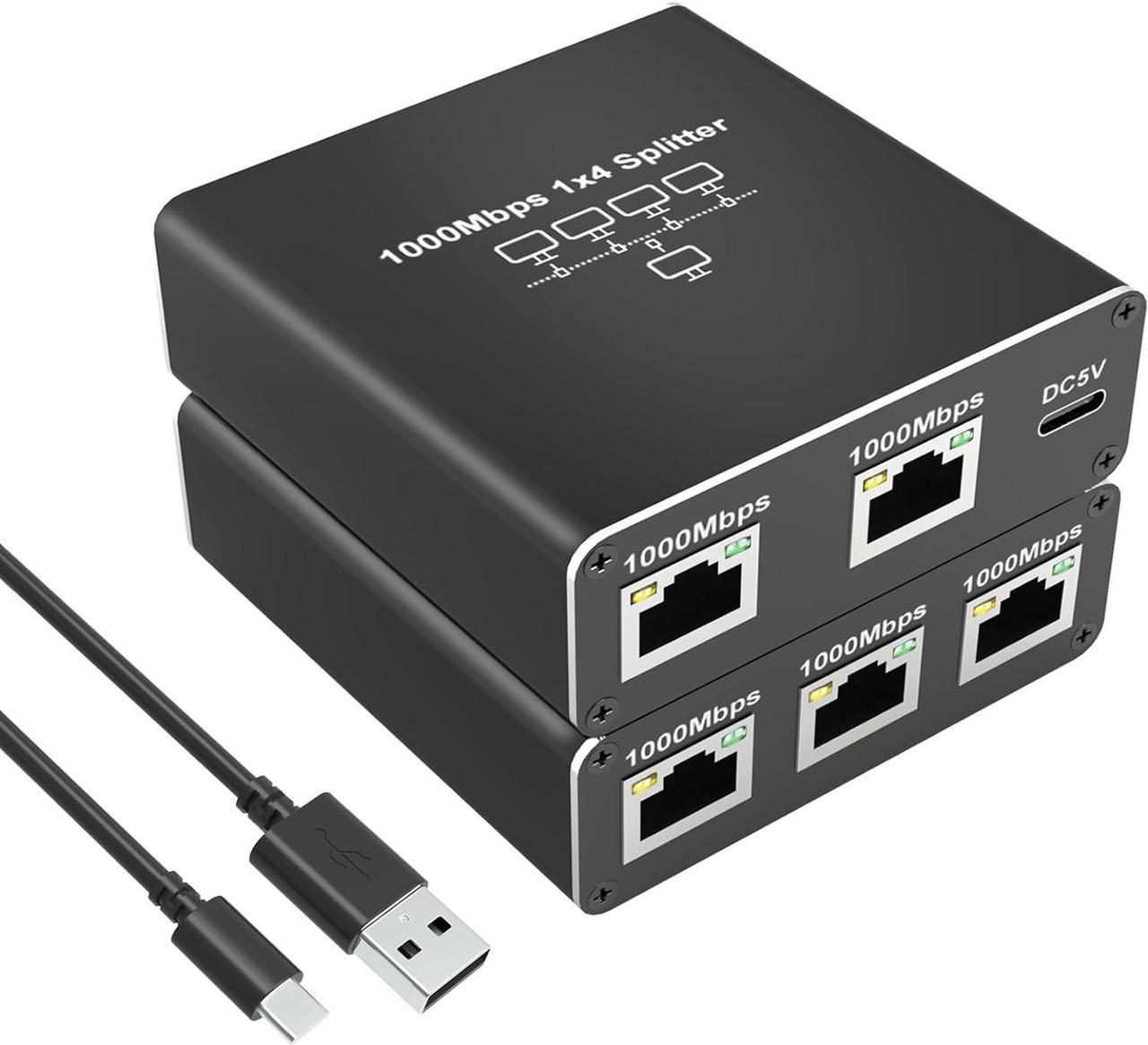 Ethernet Splitter [4 Devices Simultaneous Networking], Gigabit RJ45 Ethernet Splitter 1 to 4, 1000Mbps Network Extension Connector with USB Power Cable, 8P8C Extender Plug for Cat5/5e/6/7/8 Cable