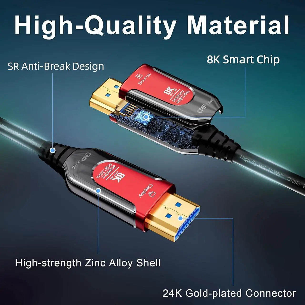 Alt view image 2 of 7 - 4K@120Hz HDMI 2.1 Fiber Optic Cables in Wall Plenum-Rated for Pipes, 100FT Ultra High Speed 48Gbps, 8K@60Hz, HDCP 2.2 & 2.3, HDR10, eARC Compatible with Laptop Monitor UHD TV PS5 PS4 Dolby - Red