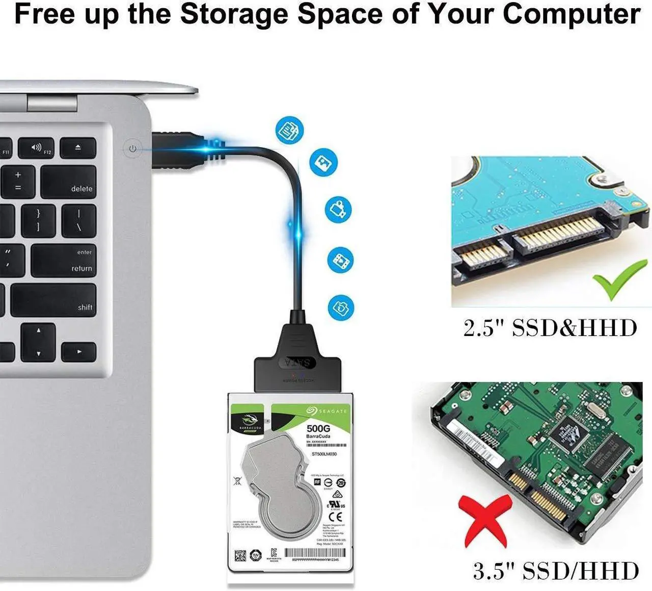 Alt view image 2 of 7 - SATA to USB Type-A/C Hard Drive Cable, 5Gbps USB3.0/USB-C to Sata Cable Support UASP, External Hard Drive SATA I/II/III Connector 2.5" SSD/HDD