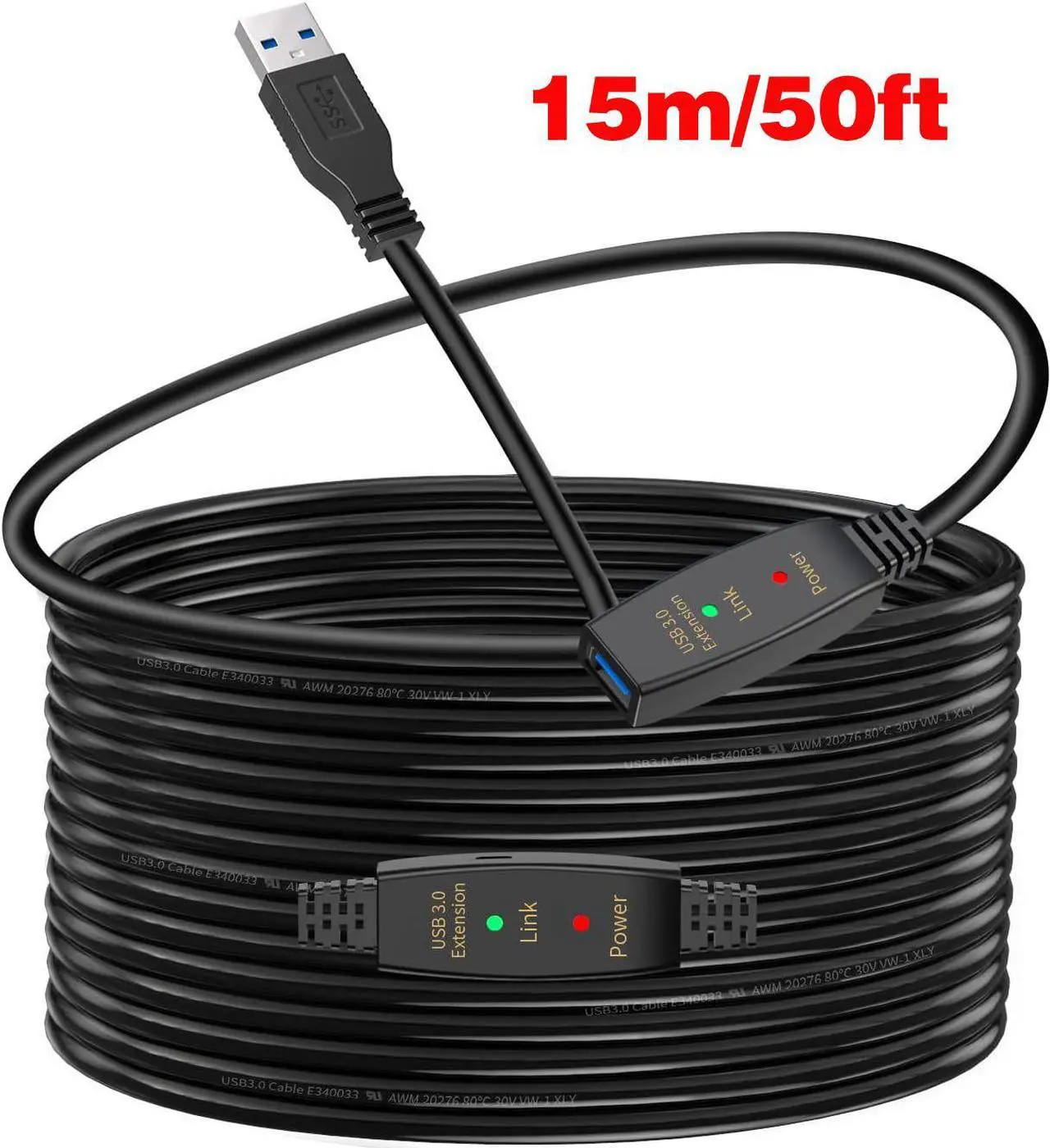 Main image of 50FT USB 3.0 Extension Cable,Active USB 3.0 Extension Cable A-Male to A-Female,USB 3.0 Extension Cord, 3 Extension chipsets Signal Booster ,Compatible with Oculus Quest 2 VR, Xbox, PS4 and More