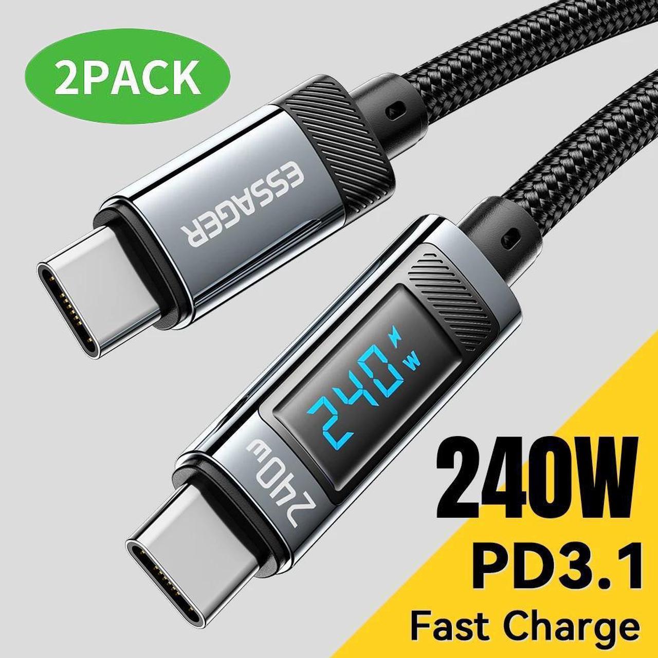 ESTONE USB-C to USB-C Cable with LED Display, Cable 240W 3.3ft 2-Pcs, Type C Charging Cable Fast Charge for MacBook Pro 2020, iPad Pro 2020, iPad Air 4, iPad Mini 6, Galaxy S21, Pixel, Switch