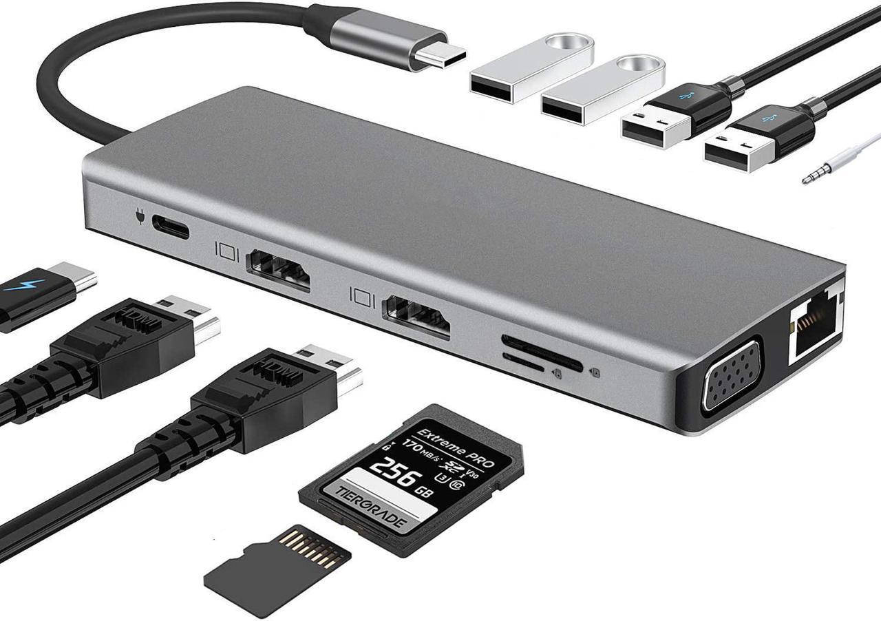 Main image of ESTONE Laptop Docking Station Triple Monitor, 12 in 1 USB C Hub Multiport Adapter Dongle with 2 HDMI, VGA, PD, Ethernet, SD/TF, 4 USB Ports, Mic/Audio, Compatible for MacBook/Dell/HP/Lenovo