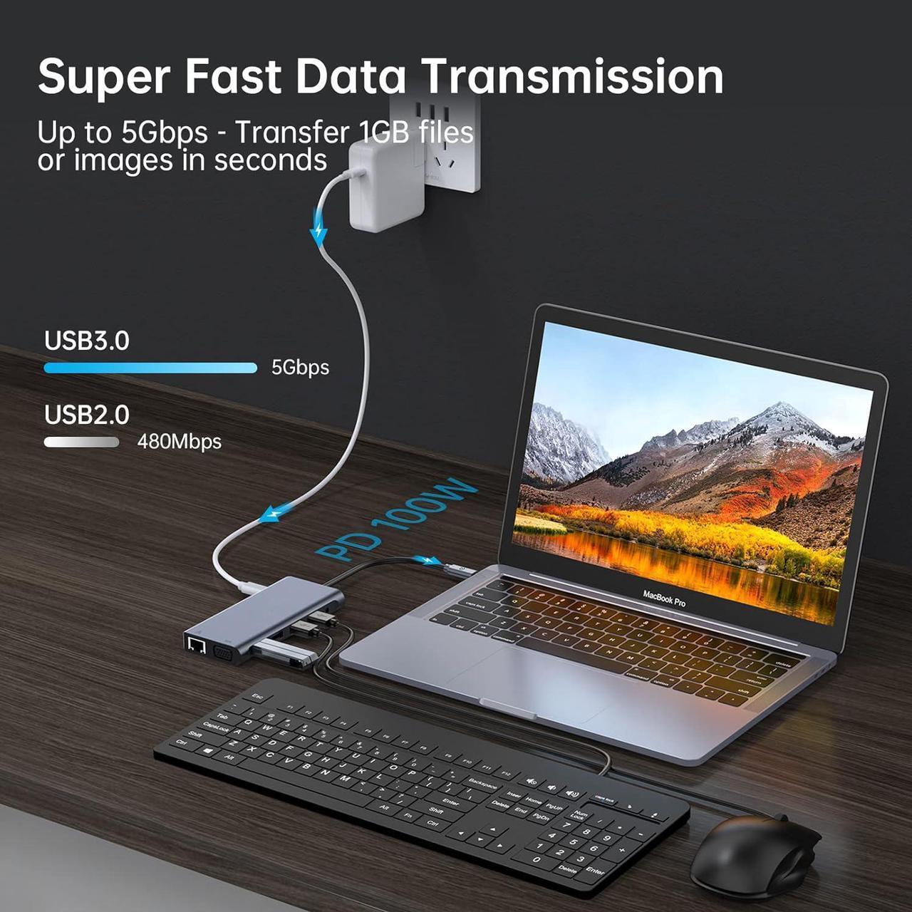 Alt view image 6 of 7 - ESTONE Laptop Docking Station Triple Monitor, 12 in 1 USB C Hub Multiport Adapter Dongle with 2 HDMI, VGA, PD, Ethernet, SD/TF, 4 USB Ports, Mic/Audio, Compatible for MacBook/Dell/HP/Lenovo