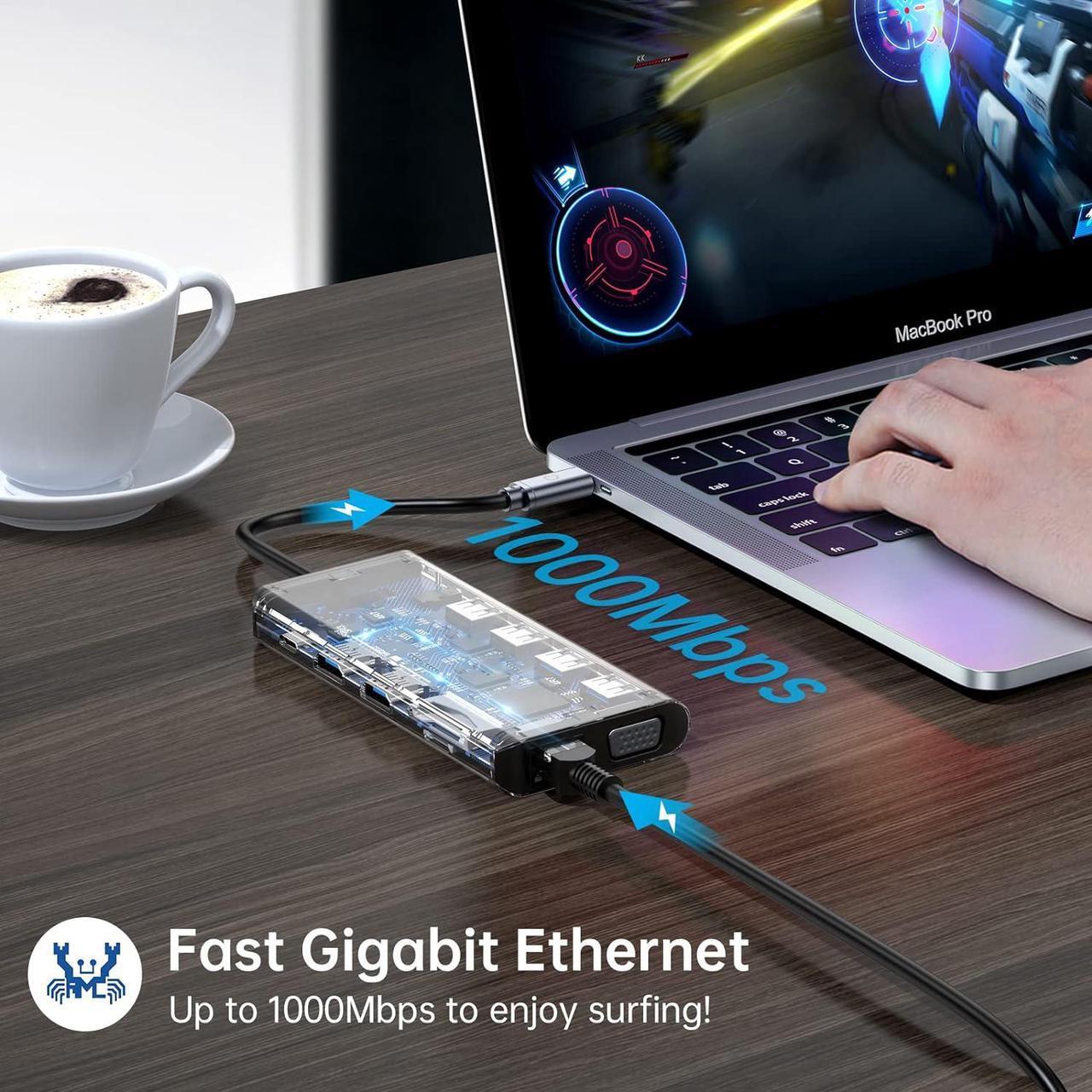 Alt view image 7 of 7 - ESTONE Laptop Docking Station Triple Monitor, 12 in 1 USB C Hub Multiport Adapter Dongle with 2 HDMI, VGA, PD, Ethernet, SD/TF, 4 USB Ports, Mic/Audio, Compatible for MacBook/Dell/HP/Lenovo