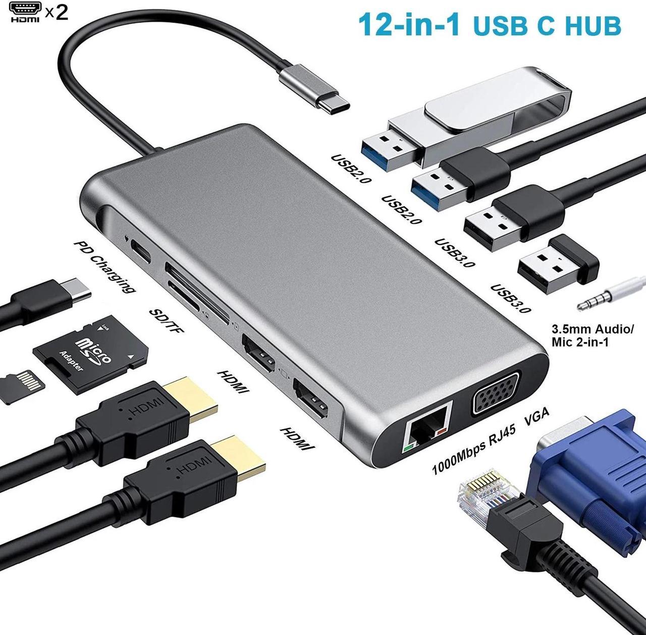 ESTONE 12-in-1 USB C Docking Station Triple Monitor with USB-C to 2*HDMI, 1*VGA, 2*USB 3.0,3*USB 2.0/SD/TF Card Reader, Ethernet/100W PD, 3.5mm Aux Audio for MacBook/Dell/HP/Lenovo