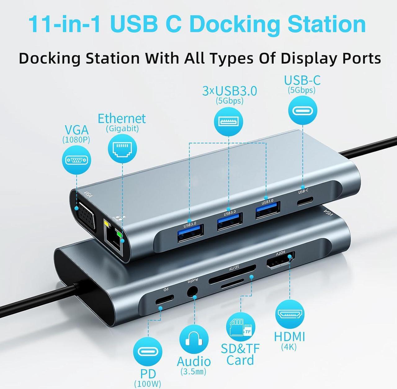 Alt view image 2 of 7 - ESTONE 11-in-1 USB Hub  4K HDMI, VGA, Gigabit, USB-C, 3*USB 3.0 Ports, 100W USB-C PD, 3.5mm Aux Ports, TF/SD for Versatile Connectivity  USB C Hub Multiport Adapter for MacBook Pro & Air M1 M2
