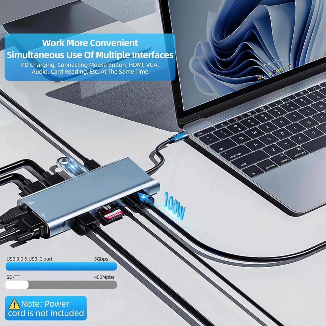 Alt view image 3 of 7 - ESTONE 11-in-1 USB Hub  4K HDMI, VGA, Gigabit, USB-C, 3*USB 3.0 Ports, 100W USB-C PD, 3.5mm Aux Ports, TF/SD for Versatile Connectivity  USB C Hub Multiport Adapter for MacBook Pro & Air M1 M2