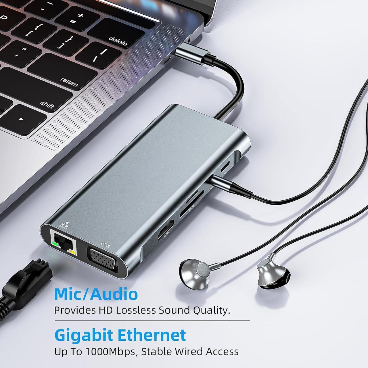Alt view image 5 of 7 - ESTONE 11-in-1 USB Hub  4K HDMI, VGA, Gigabit, USB-C, 3*USB 3.0 Ports, 100W USB-C PD, 3.5mm Aux Ports, TF/SD for Versatile Connectivity  USB C Hub Multiport Adapter for MacBook Pro & Air M1 M2