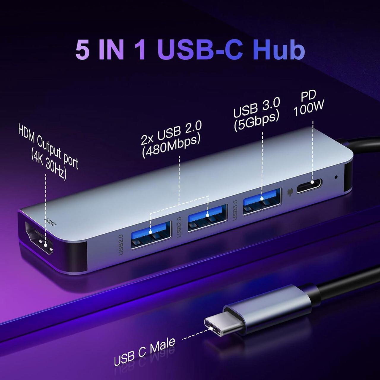Alt view image 2 of 7 - ESTONE USB C Hub 5 in 1 Multiport Adapter 4K HDMI, 100W Power Delivery, 3 USB-A Data Ports, USB C Dongle for MacBook Pro/Air, iPad Pro, iMac, iPhone 15 Pro/Pro Max, XPS