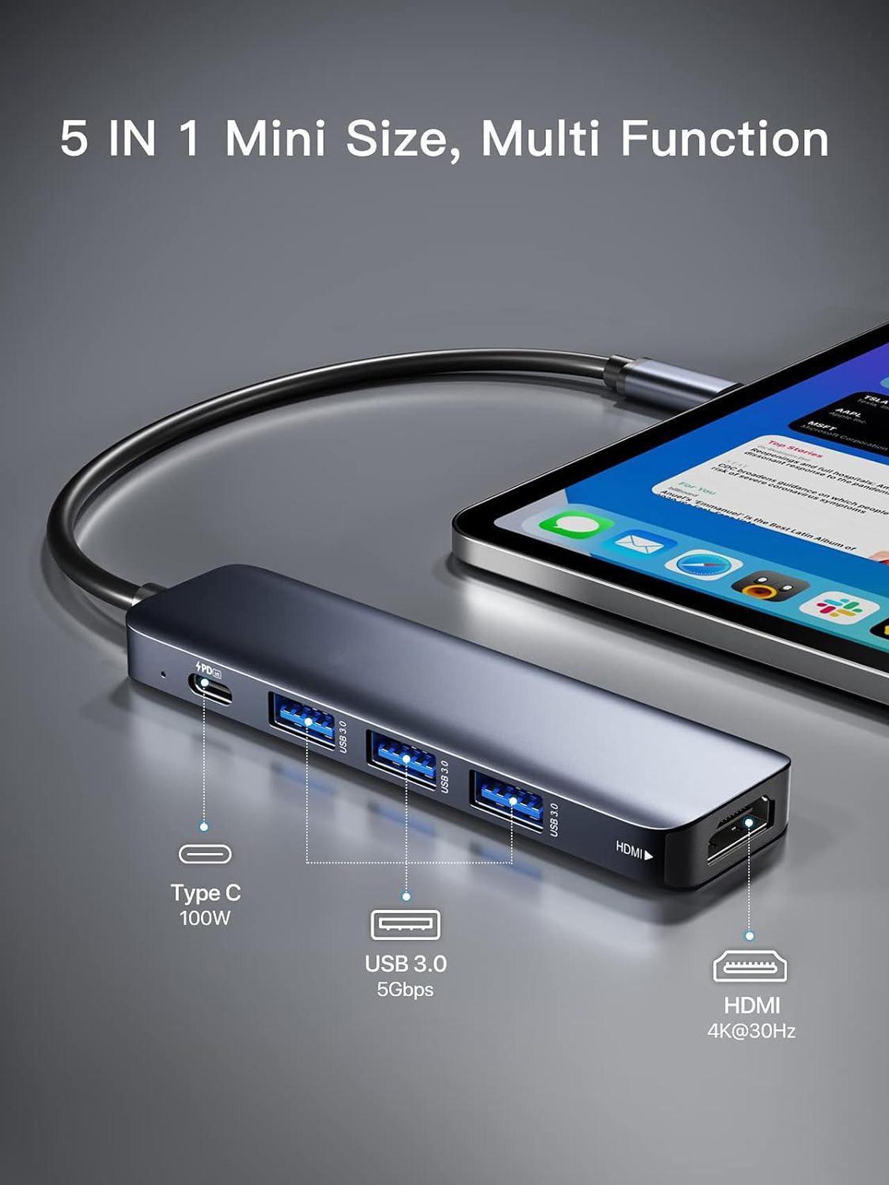 Alt view image 2 of 7 - ESTONE USB C Hub 5 in 1 Multiport Adapter 4K HDMI, 100W Power Delivery, 3 USB 3.0 Data Ports (5Gbps), USB C Dongle for MacBook Pro/Air, iPad Pro, iMac, iPhone 15 Pro/Pro Max, XPS