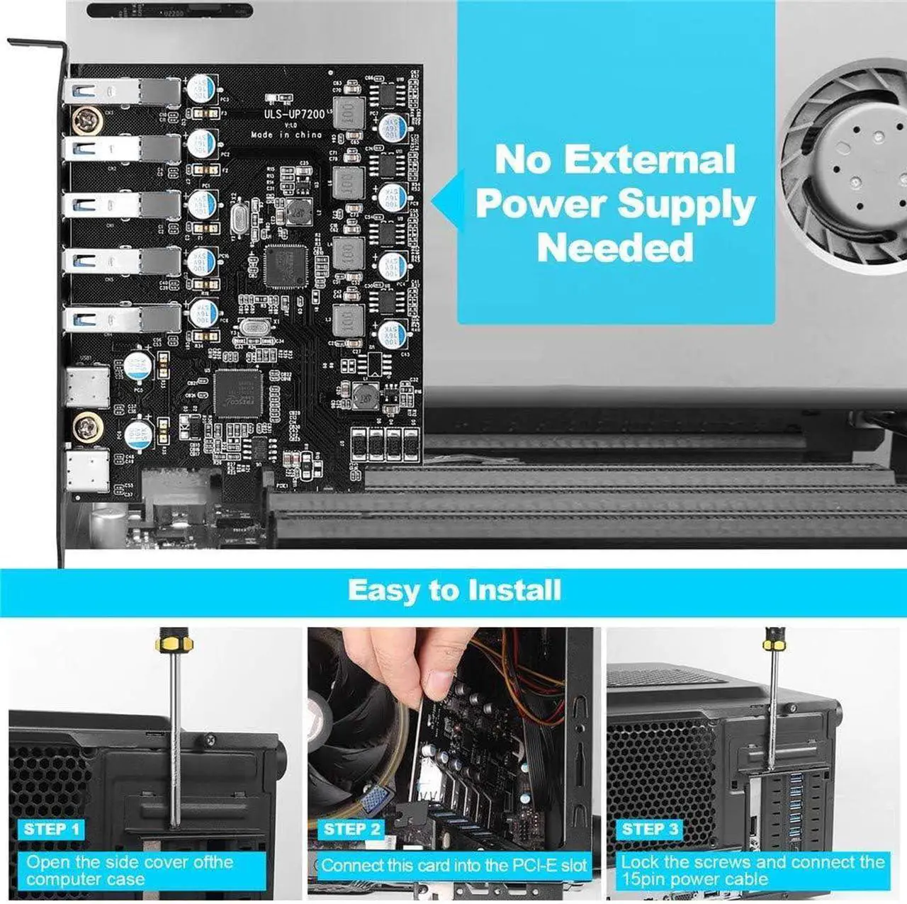 Alt view image 3 of 7 - ESTONE PCIE USB 3.0 Card 7 Ports(2X USB C - 5X USB A), PCI Expree to USB Expansion Card Super Speed 5Gbps PCI-e USB3.0 Hub Controller Adapter for Windows 11/10/8/7/XP/Vista