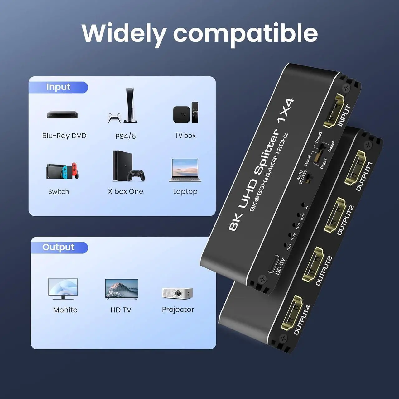 Alt view image 6 of 7 - ESTONE 4K 120Hz 1 in 4 Out HDMI Splitter - Ultra HD 8K @ 60 Hz 1x4 V. 2.1 HDCP 2.3, Power HDMI Supports 8K 3D Full HD 1080P for Xbox, PS4 PS4 Blu Ray TV HDTV - Adapter Included
