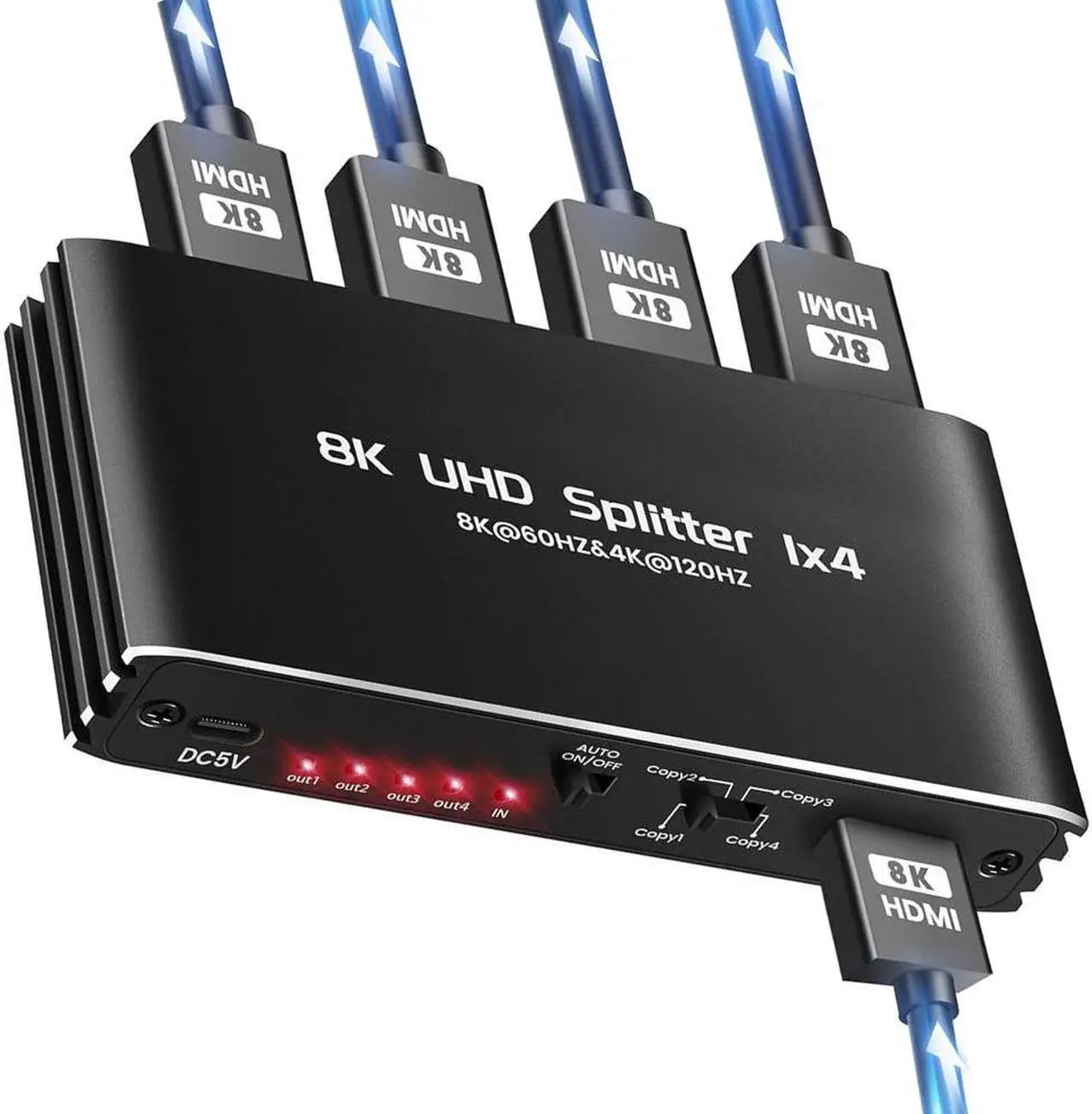 Main image of ESTONE 4K 120Hz 1 in 4 Out HDMI Splitter - Ultra HD 8K @ 60 Hz 1x4 V. 2.1 HDCP 2.3, Power HDMI Supports 8K 3D Full HD 1080P for Xbox, PS4 PS4 Blu Ray TV HDTV - Adapter Included