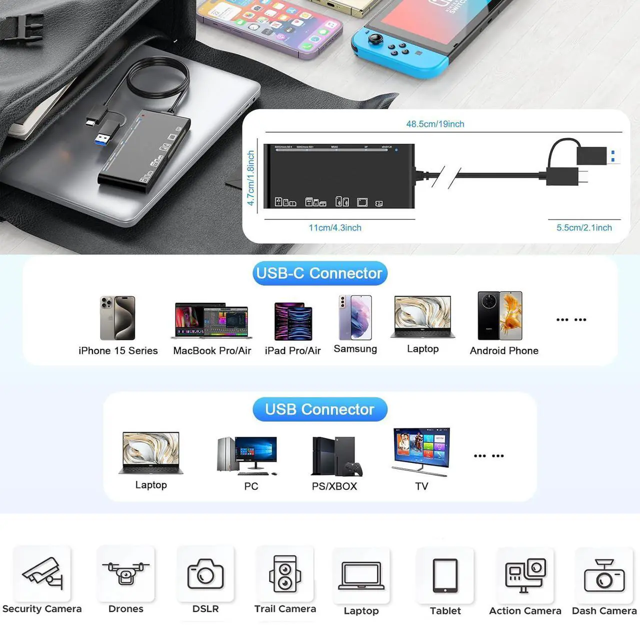 Alt view image 4 of 7 - ESTONE Memory Card Reader, 7in2 USB 3.0/USB C to SD Micro SD MS CF Card Reader Adapter, 5 Cards Simultaneously Read and Write, Compatible with Windows/Linux/Mac OS, and More