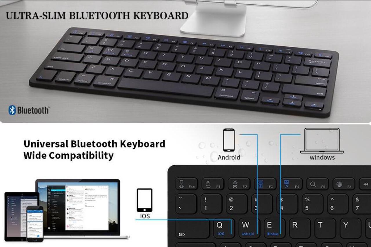 Alt view image 7 of 7 - ESTONE Bluetooth 3.0 Ultra Slim Wireless Rechargable Keyboard With Stainless Stand Cover For iOS/Android and Windows PC/Laptop/Notebook/MacBook/Samsung Galaxy Tablet/iPhone/iPad/Microsoft Surface