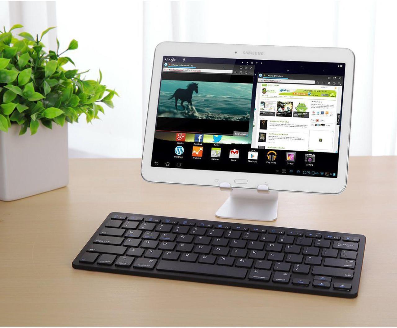 Alt view image 2 of 7 - ESTONE Bluetooth 3.0 Ultra Slim Wireless Rechargable Keyboard With Stainless Stand Cover For iOS/Android and Windows PC/Laptop/Notebook/MacBook/Samsung Galaxy Tablet/iPhone/iPad/Microsoft Surface