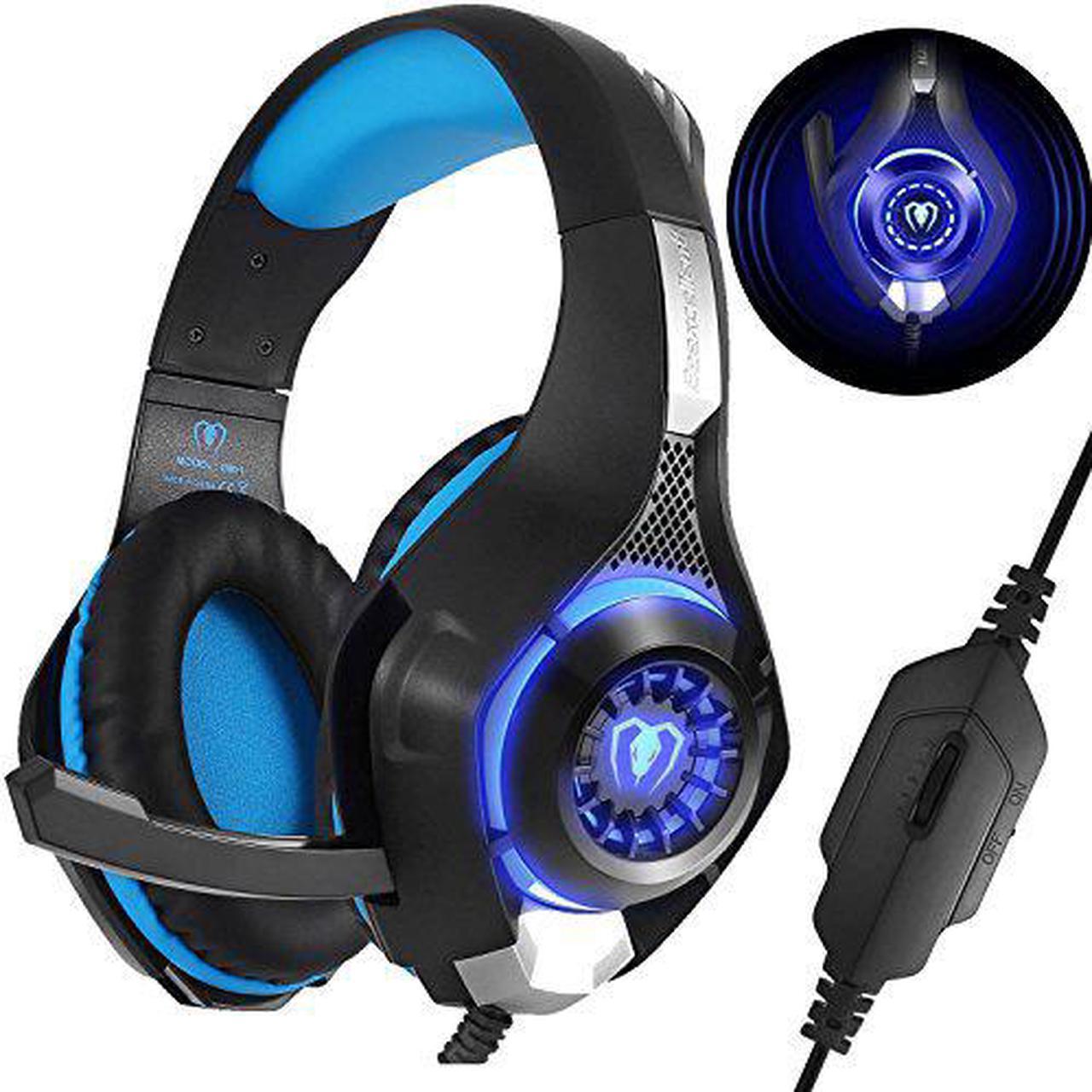 Beexcellent Gaming Headset with Mic for New Xbox One, PS4, PC - Surround Sound, Noise Reduction Game Earphone - Easy Volume Control & LED Lighting for Smart phone, Laptops, computer-Black+Blue