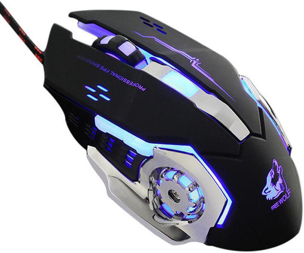 ESTONE Freewolf V5 Gaming Mouse Wired with 6 Programable Buttons 4 Color Cycle Breathing, High Precision Metal Base, for games and office