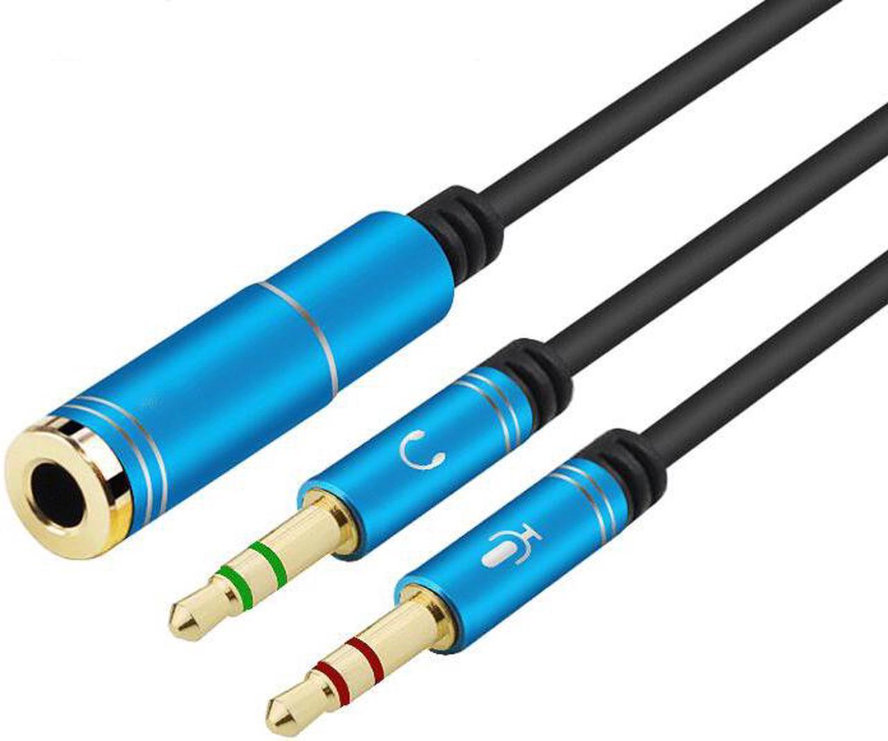 ESTONE  (2 Pack) 3.5mm 4 Pin Female to 2x3.5mm 3 Pin Male Headphone Converter Head Audio Splitter Y Adapter Cable, 0.3M 1FT (Blue)