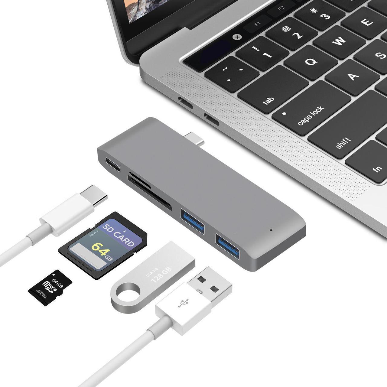 ESTONE USB C Hub, 5 in 1 Type C Aluminum Multi-Port Adapter with USB-C Power Delivery,MicroSD and SD Card Reader,2 X USB3.0 Port for MacBook/Pro/Air (2016/2017/2018), and Other Type C Laptops(Gray)