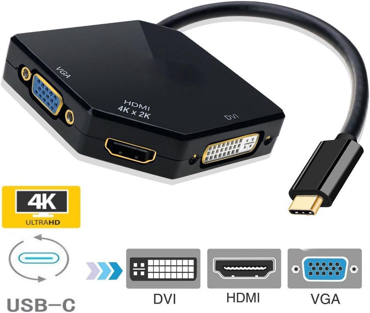 ESTONE USB C to HDMI/DVI/VGA Adapter, 3 in 1 USB 3.1 Type-C Hub VGA/HDMI/DVI Video Adapter 4K UHD, Support HDMI&VGA, DVI&VGA Simultaneously, Male to Female Multi-Display Video Converter