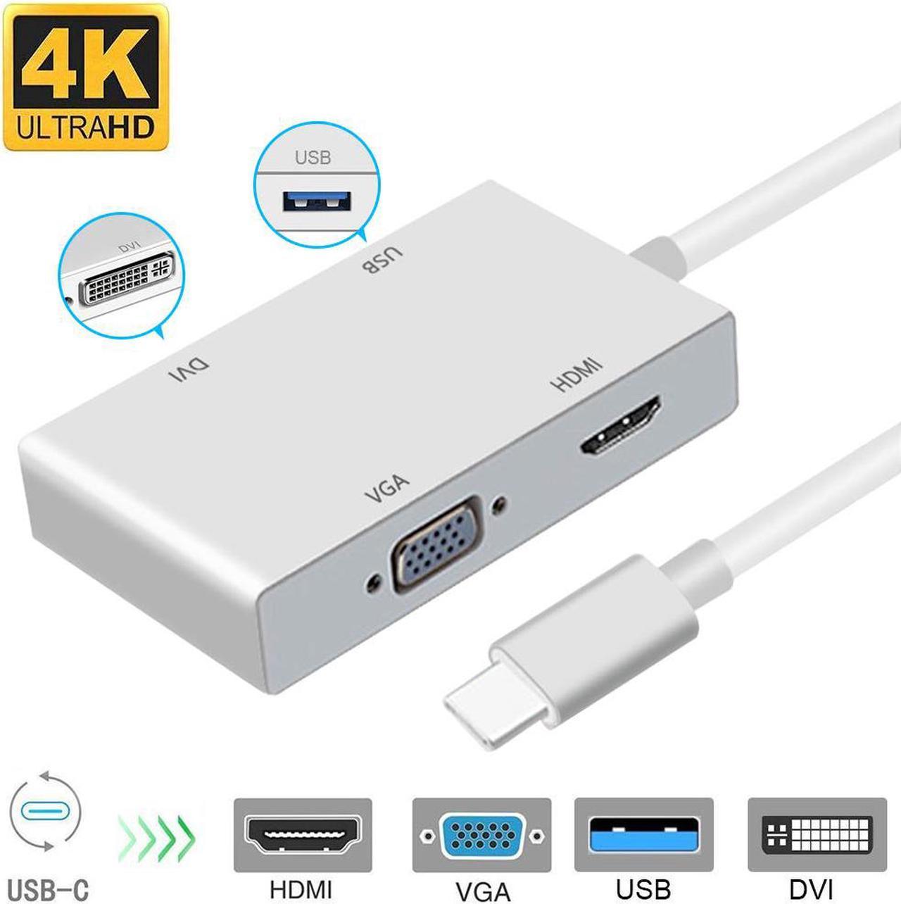 ESTONE USB C to HDMI/DVI/VGA Adaptor, Type C to VGA DVI HDMI Adapter & USB 3.0 Hub 4 in 1 for MacBook2016/2017, HP Spectre X360/Dell XPS,Samsung Galaxy S8 and More Devices.