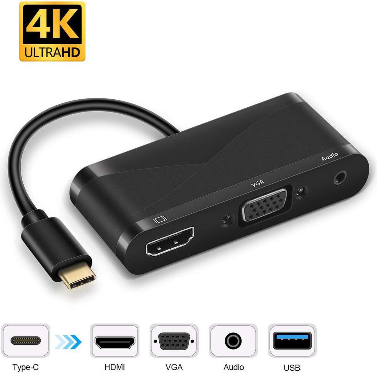 ESTONE USB C to HDMI + VGA Audio Adapter, USB Type C (Thunderbolt 3 Compatible) to HDMI 4K+VGA Video Converter, for 2017 New MacBook Pro/Chromebook Pixel/ThinkPad T470 /Samsung Galaxy S8/S8