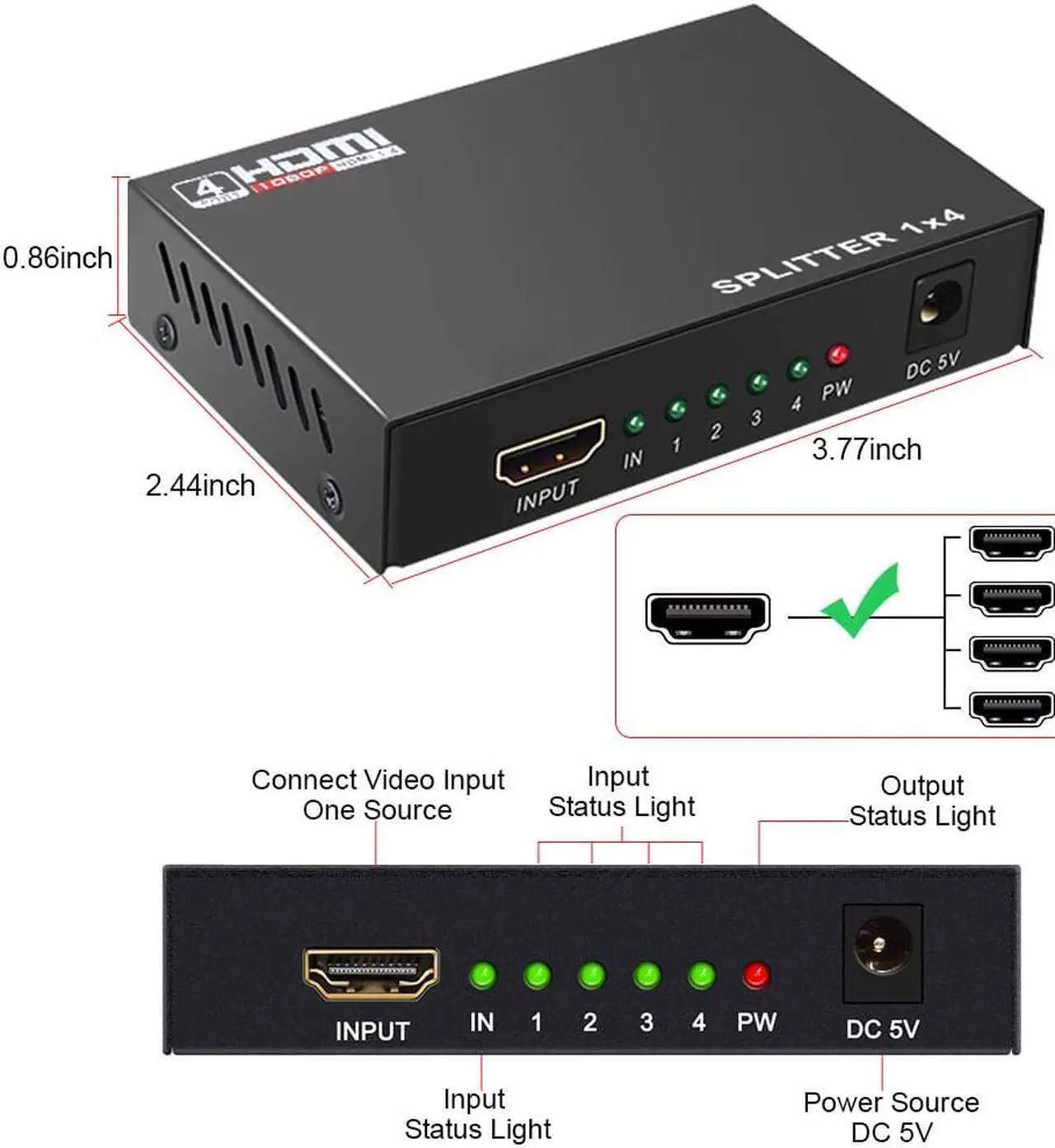 Alt view image 4 of 7 - ESTONE HDMI Splitter 1 in 4 out Full Ultra HD 1080P 4K/2K 1X4 Port Box Hub with Power Adapter v1.4 Powered Certified for 3D Support