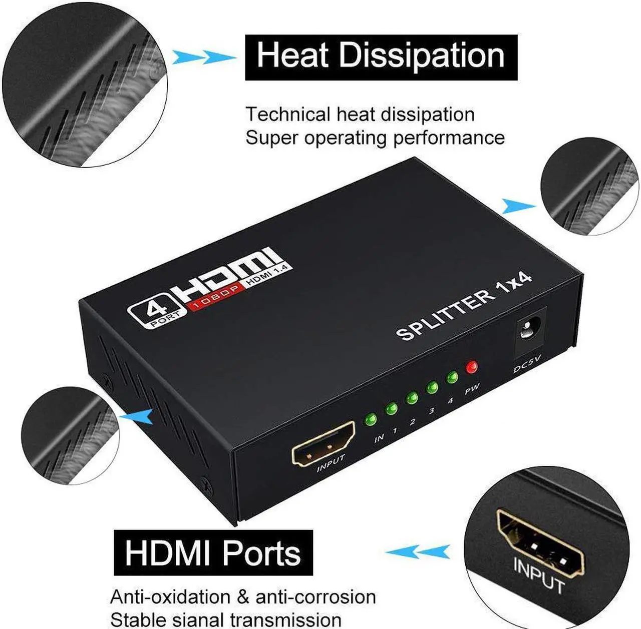 Alt view image 3 of 7 - ESTONE HDMI Splitter 1 in 4 out Full Ultra HD 1080P 4K/2K 1X4 Port Box Hub with Power Adapter v1.4 Powered Certified for 3D Support
