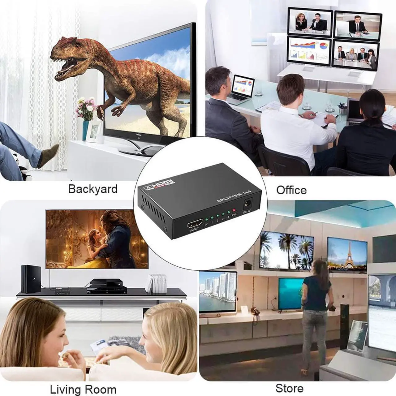 Alt view image 7 of 7 - ESTONE HDMI Splitter 1 in 4 out Full Ultra HD 1080P 4K/2K 1X4 Port Box Hub with Power Adapter v1.4 Powered Certified for 3D Support