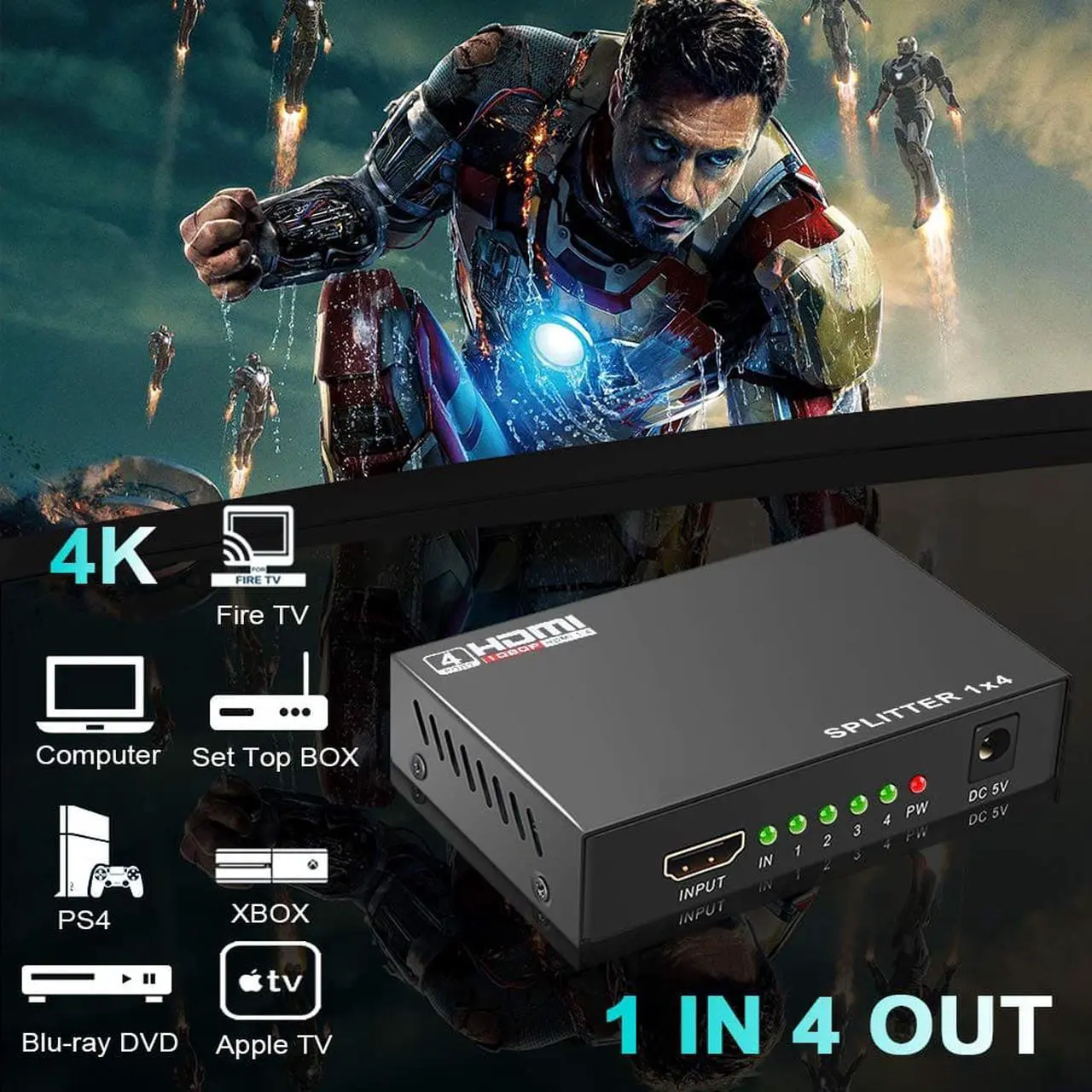 Alt view image 5 of 7 - ESTONE HDMI Splitter 1 in 4 out Full Ultra HD 1080P 4K/2K 1X4 Port Box Hub with Power Adapter v1.4 Powered Certified for 3D Support