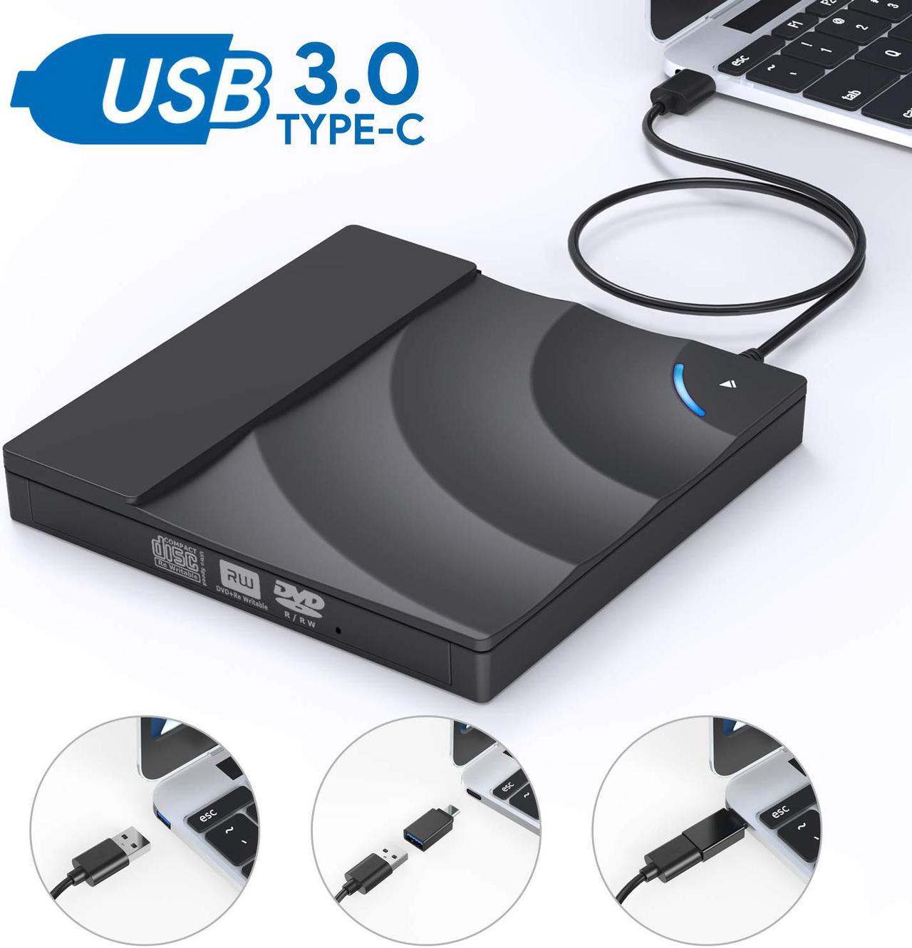 ESTONE CD/DVD External Drive with USB3.0 and Type-C Interface, CD-ROM/DVD-RM Reader and Writer with Touch Sensitive Button, Streamlined Construction, Compatible for Windows and Mac OS (Black)