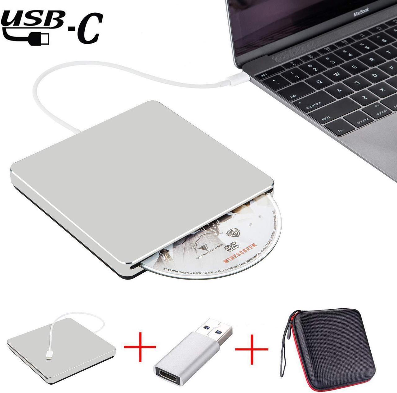 ESTONE External CD Drive with Case, Type C USB 3.0 Portable CD DVD +/-RW Drive Slim DVD/CD ROM Rewriter Burner Writer Compatible with Laptop Desktop PC Windows Linux OS Apple Mac(Silver)