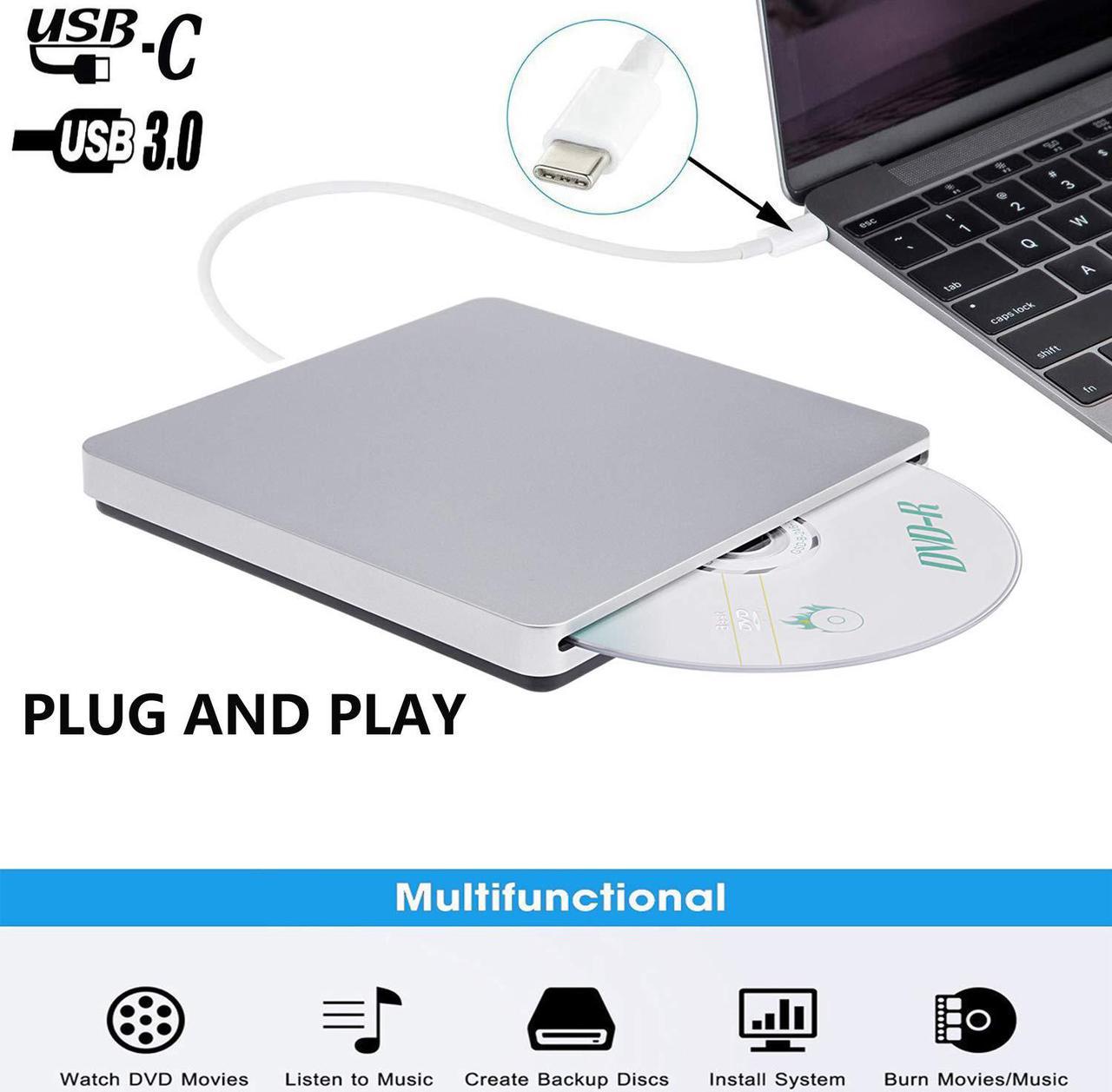 ESTONE Type-C Portable External DVD CD Drive, CD DVD +/-RW Drive with USB 3.0 Slim CD DVD ROM Recorder Writer Burner,High Speed Data Transfer for Desktop/Laptop Mac/Linux OS  - XD055, Silver