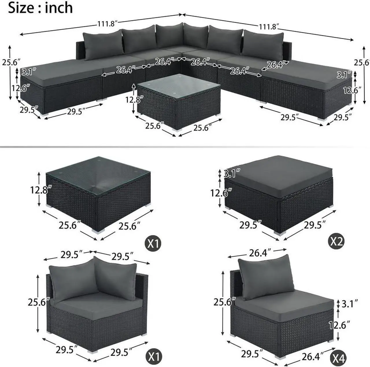 Alt view image 4 of 7 - 8-Pieces Outdoor Patio Furniture Sets, Garden Conversation Wicker Sofa Set, Single Sofa Combinable,  Gray Cushions Gray Wicker