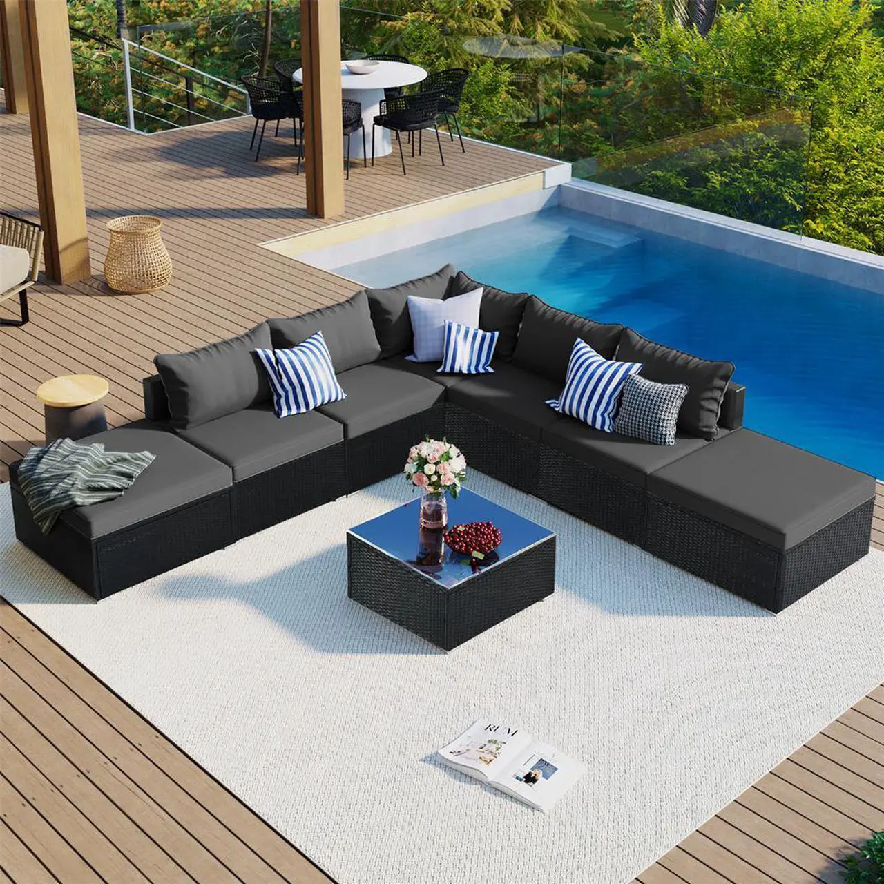 Alt view image 5 of 7 - 8-Pieces Outdoor Patio Furniture Sets, Garden Conversation Wicker Sofa Set, Single Sofa Combinable,  Gray Cushions Gray Wicker
