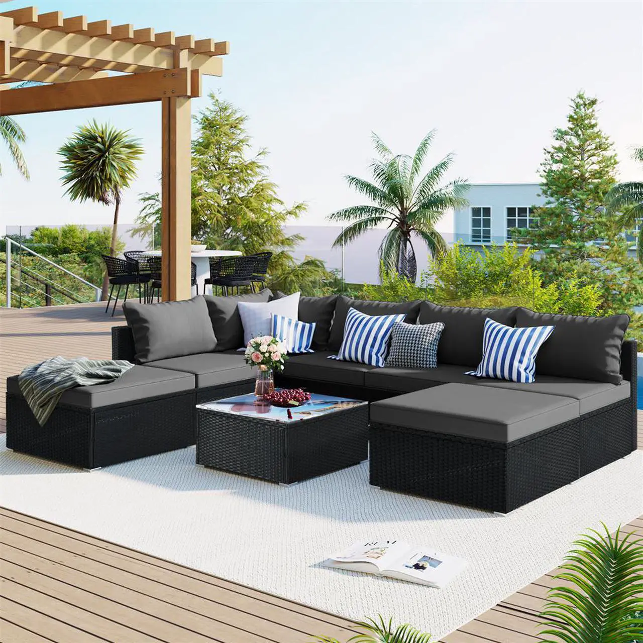 Main image of 8-Pieces Outdoor Patio Furniture Sets, Garden Conversation Wicker Sofa Set, Single Sofa Combinable,  Gray Cushions Gray Wicker