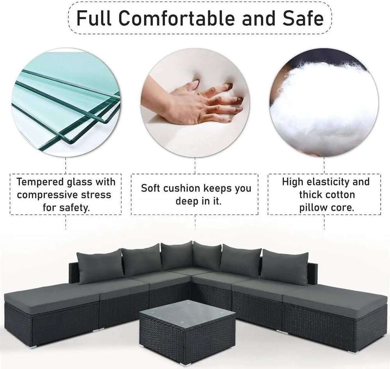 Alt view image 7 of 7 - 8-Pieces Outdoor Patio Furniture Sets, Garden Conversation Wicker Sofa Set, Single Sofa Combinable,  Gray Cushions Gray Wicker