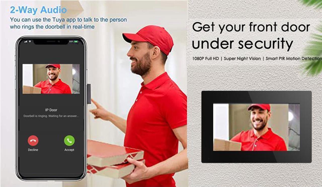 Alt view image 3 of 7 - 7" Screen 1080P 2MP HD Wired WiFi Video Doorbell Intercom System, Remote Phone Tuya APP Control, Support Phone unlock, Video Recording, 2-Way Audio, Motion Detection, IR Camera, 1 doorbell + 1 monitor